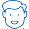 Smiling boy's face icon, blue outline style, representing orthodontic care and dental services.