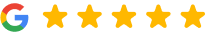 Google logo with five gold stars indicating a perfect five-star rating for Parker Orthodontics.